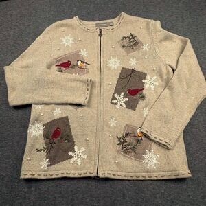 Croft &‎ Barrow Womens Sweater Birds Snowflakes Winter Holiday Silk Blend Sz M